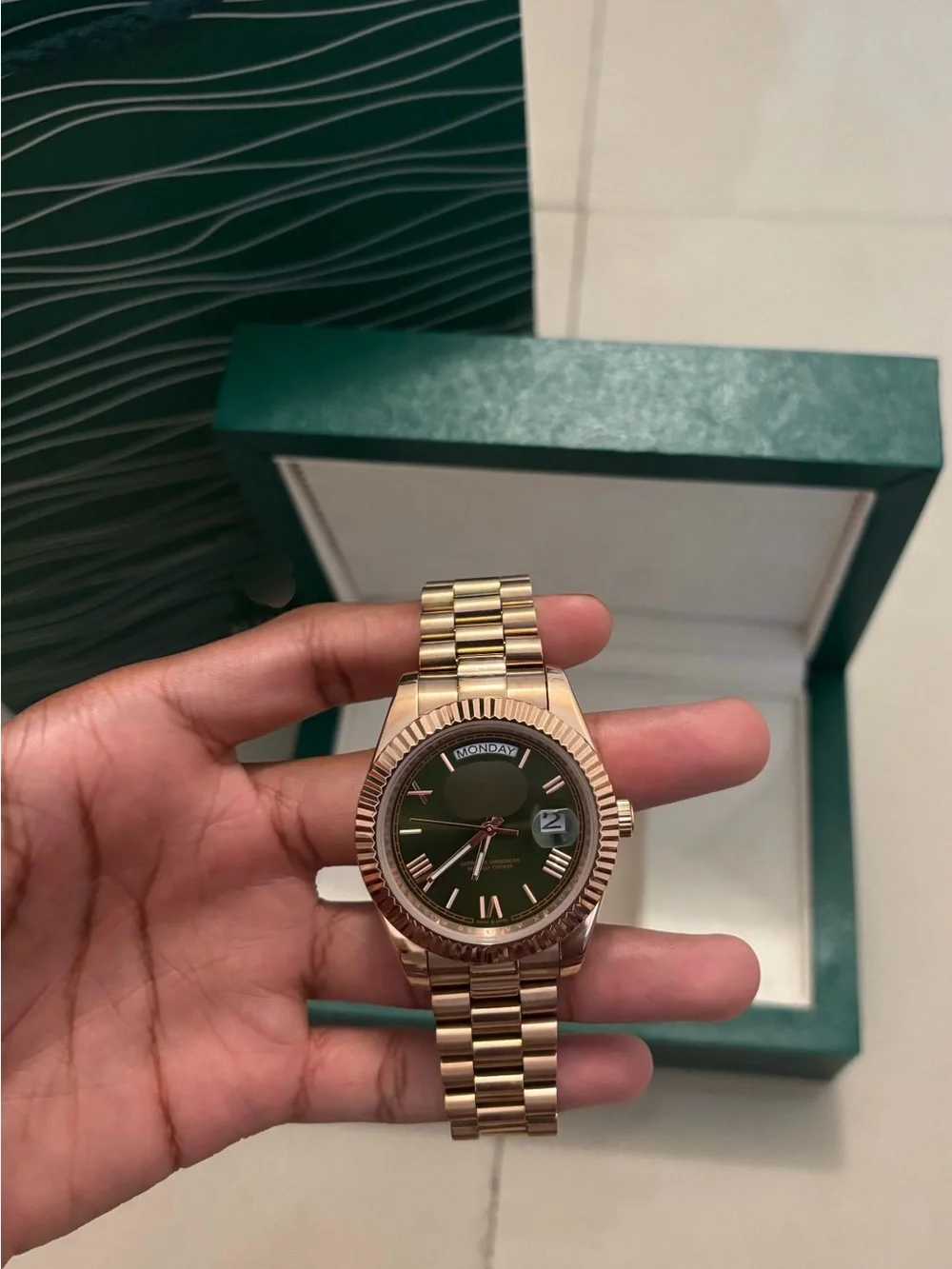 Men's Rose Gold Watch with Green Dial - Luxury Style